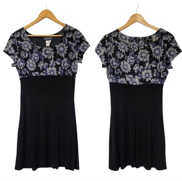 Vintage 90s floral black fitted stretchy mini dress - Picture 1 of 8